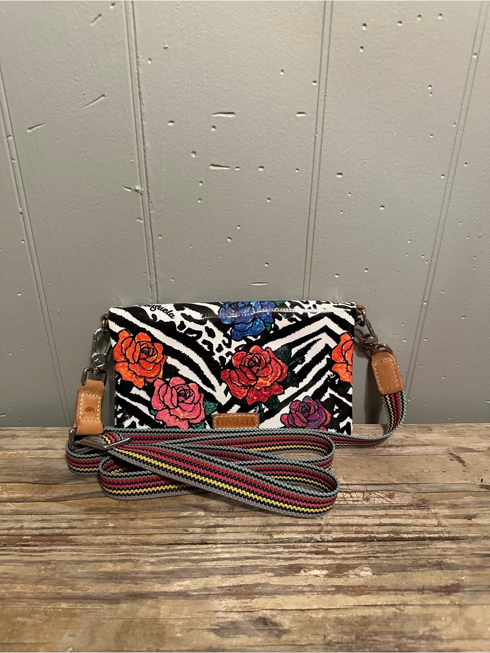 Consuela Uptown - Black & White Zebra Floral Crossbody w/Multicolor Woven Strap